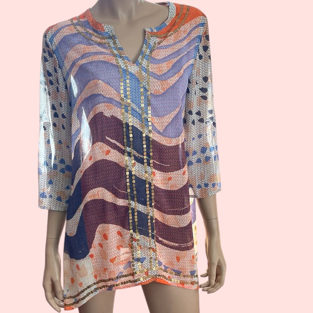 Chicos Sheer Long Tunic Coverup Size Small Sequin Boho Orange Blue